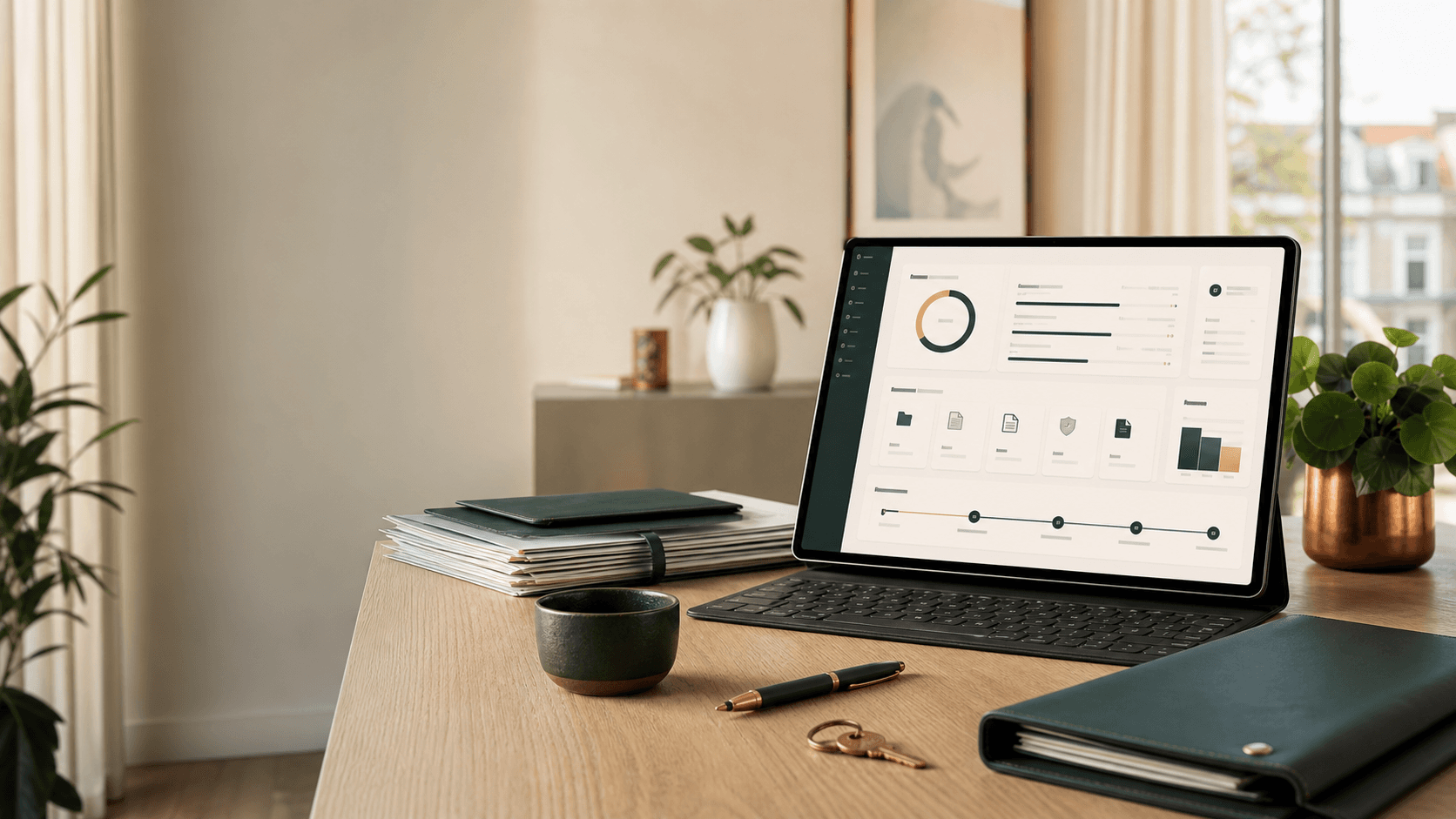 Rustige werkplek met een digitaal LaterGoed dashboard en geordende documenten